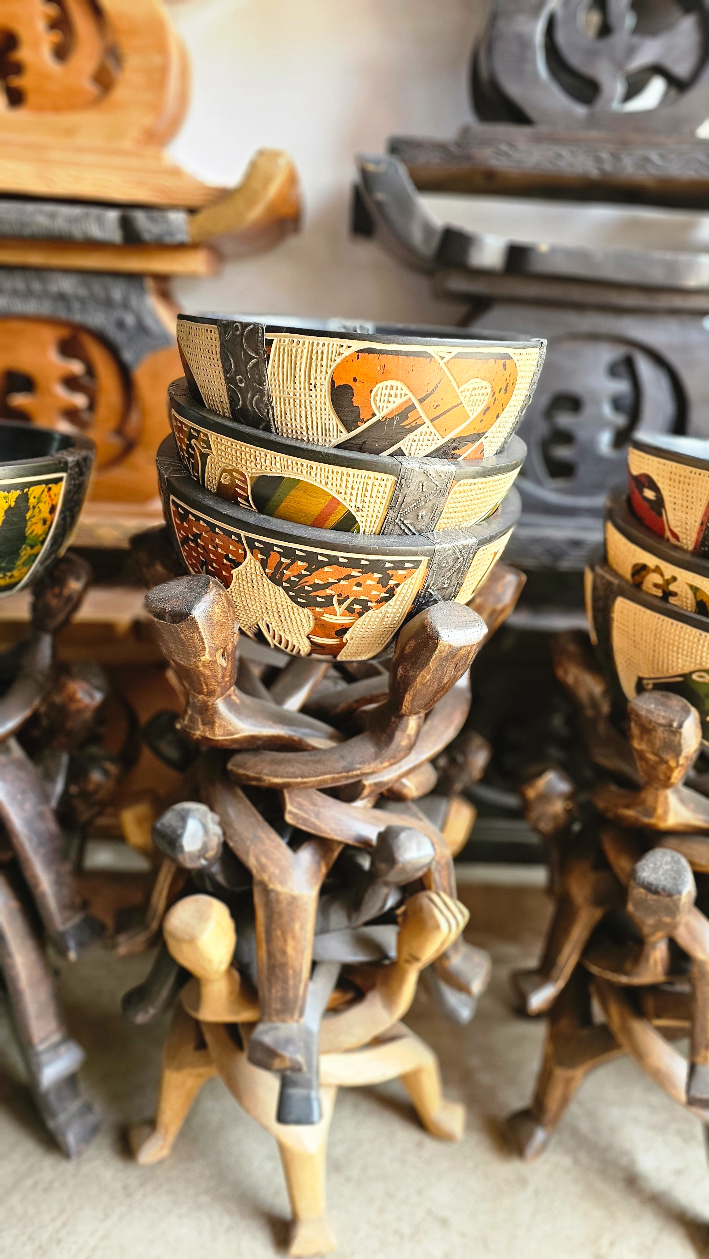 Hand-Carved Wooden Carrier-Stack Sculpture